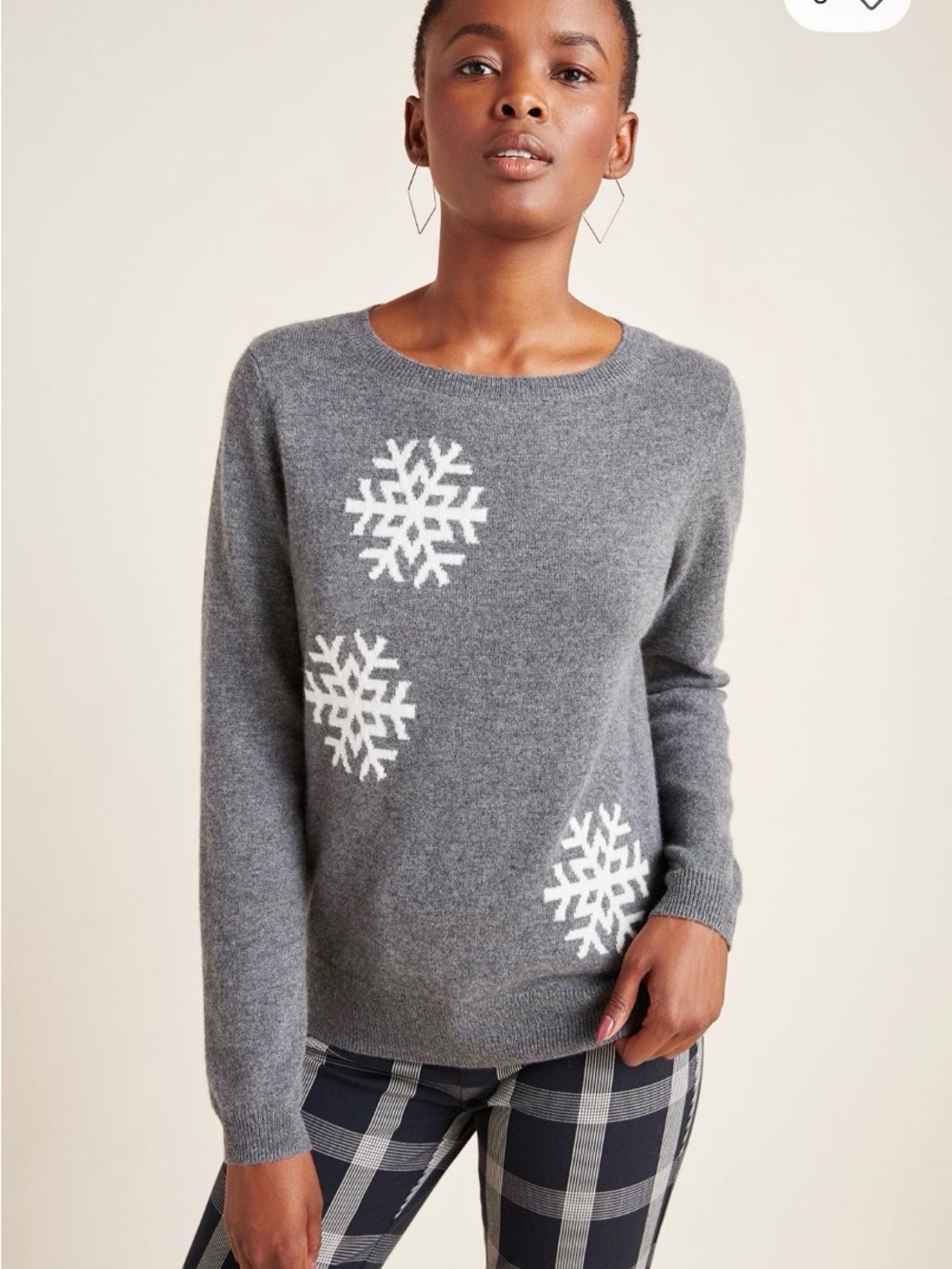 Charli/Anthropology Cozy Gray 100% cashmereSnowflake Crewneck Sweater - M